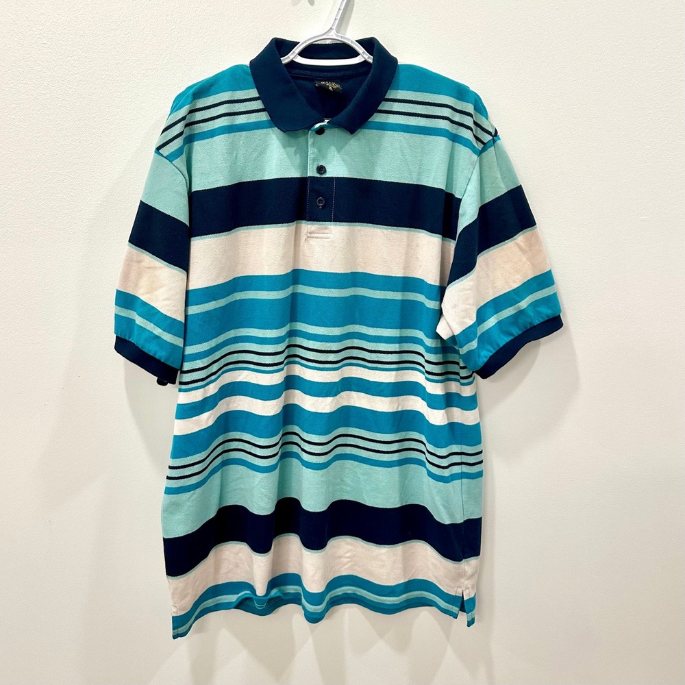 Old Skool Urban Wear Mens XL Polo Shirt Teal Navy Striped Short Sleeve Pique